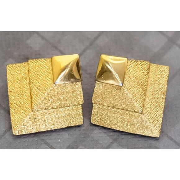 Vintage Gold Tone Geometric Squares Stud Earrings by Trifari, G42 - Picture 2 of 3